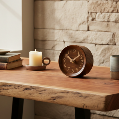 Horloge à Poser en Bois Massif au Format Compact, Silencieuse et Précise – Pinea