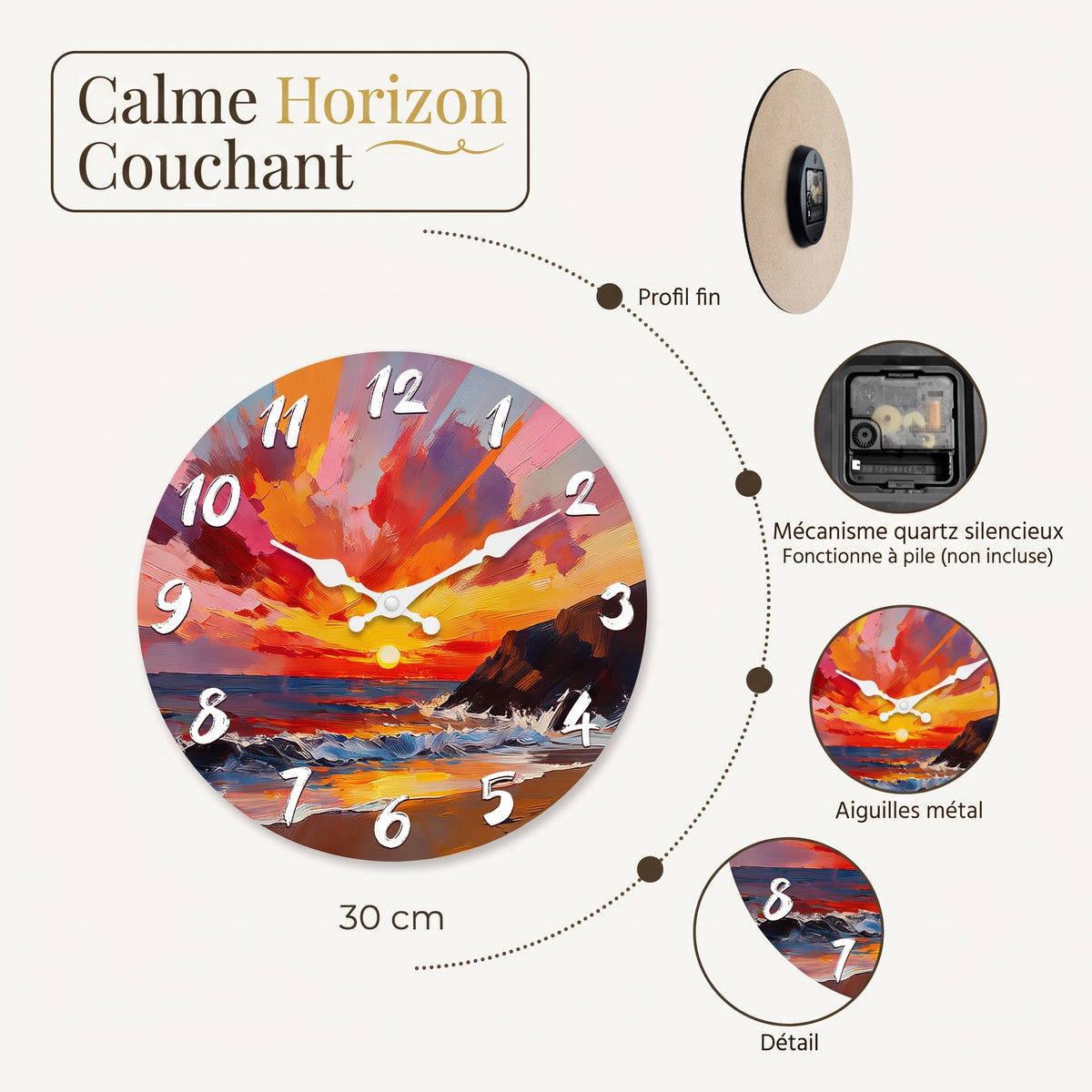 Horloge Murale en Bois Motif Coucher de Soleil Marin, Silencieuse – Horizéa