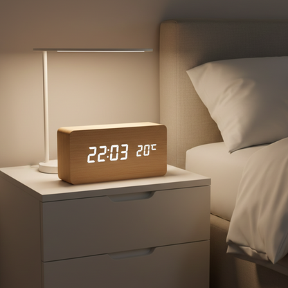 Réveil en Bois LED avec Température et 3 Alarmes – Niditon