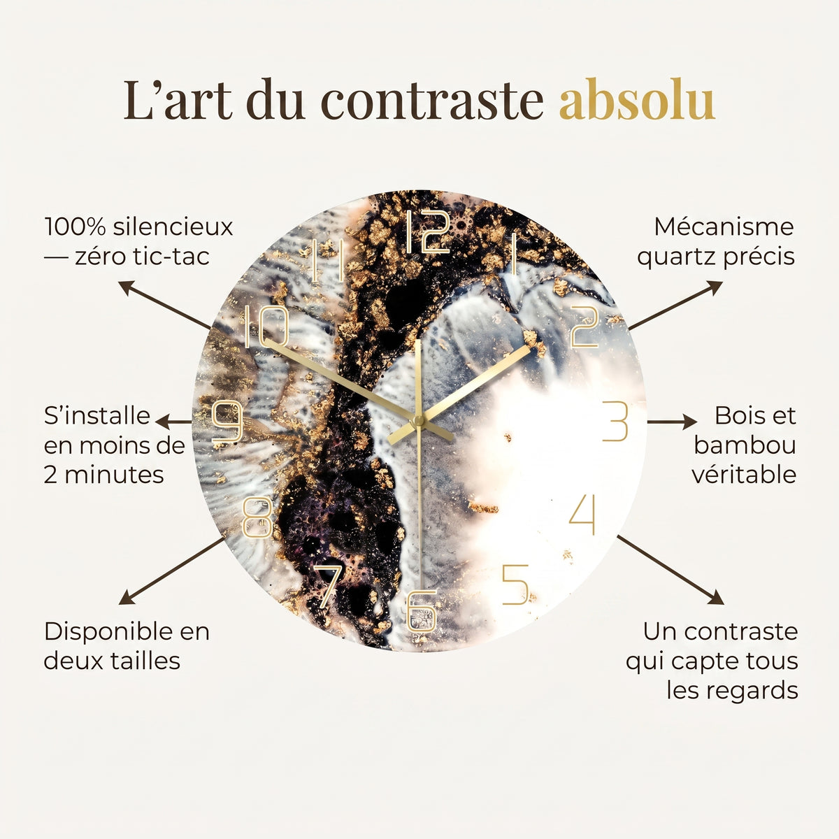 Horloge Murale Design Effet Marbre Chiffres Dorés, Silencieuse et Abstraite – Marbéo