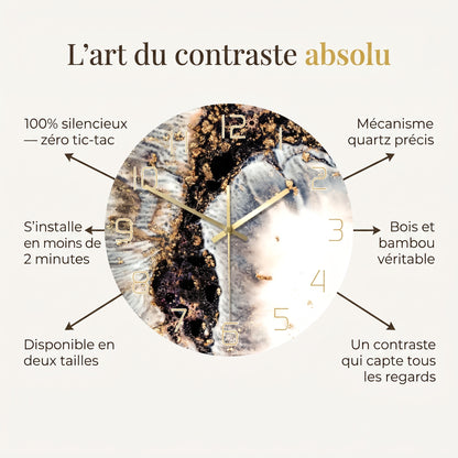 Horloge Murale Design Effet Marbre Chiffres Dorés, Silencieuse et Abstraite – Marbéo