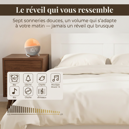 Réveil Lumineux Enfant et Adulte, Simulation Lever de Soleil, 9 Couleurs et 7 Sons Naturels – Aurina