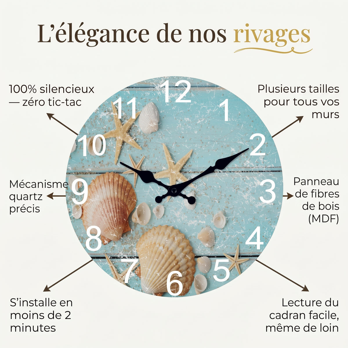 Horloge Murale en Bois Motif Étoiles de Mer, Silencieuse – Coralinne