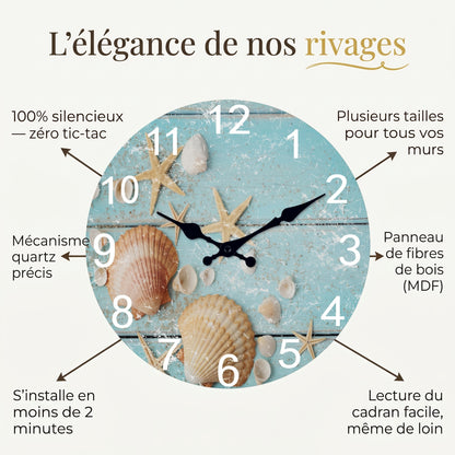 Horloge Murale en Bois Motif Étoiles de Mer, Silencieuse – Coralinne