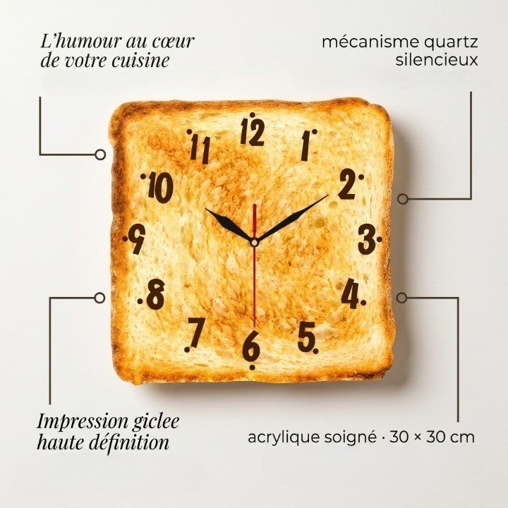 Horloge Murale Design Pain Grillé en Acrylique, Silencieuse et Originale – Toasta