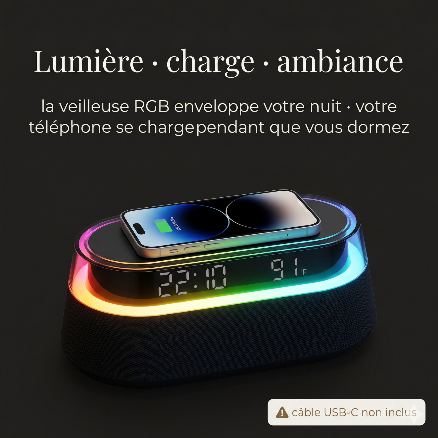 Horloge Numérique 6 en 1 avec Enceinte Bluetooth, Chargeur Sans Fil 15W et Veilleuse RGB – Sonova
