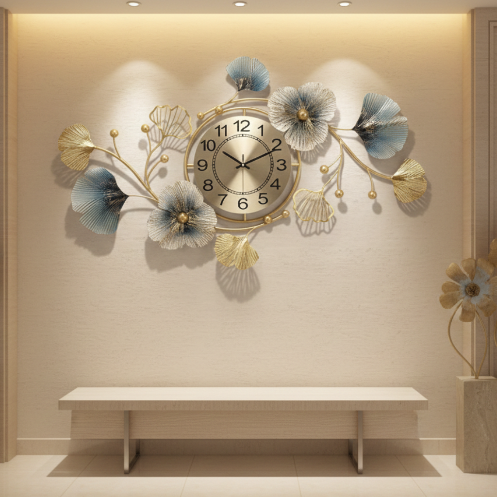 Horloge murale design en métal feuille de ginkgo, analogique et silencieuse - Floria