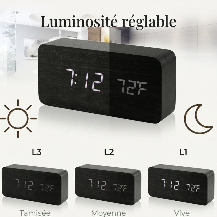 Horloge Numérique LED en Bois avec Température et 3 Alarmes – Niditon