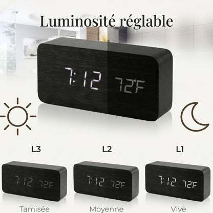 Réveil en Bois LED avec Température et 3 Alarmes – Niditon