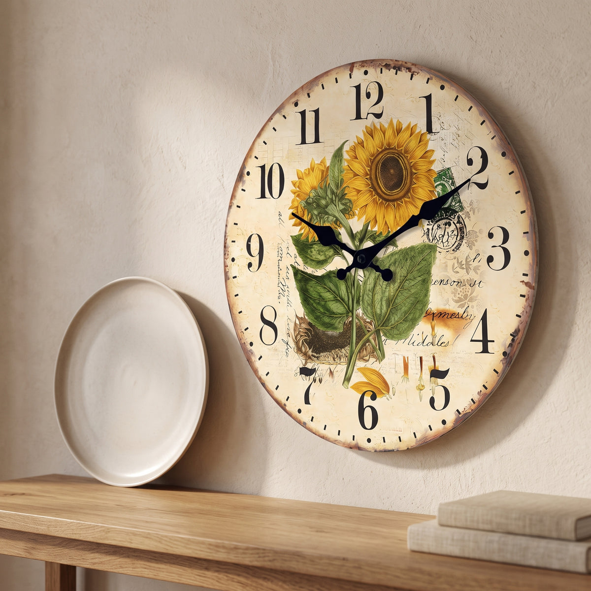 Horloge Murale en Bois, Silencieuse, Motif Tournesols – Héliantha