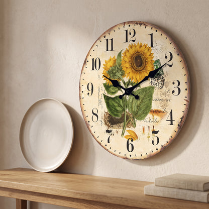 Horloge Murale en Bois, Silencieuse, Motif Tournesols – Héliantha