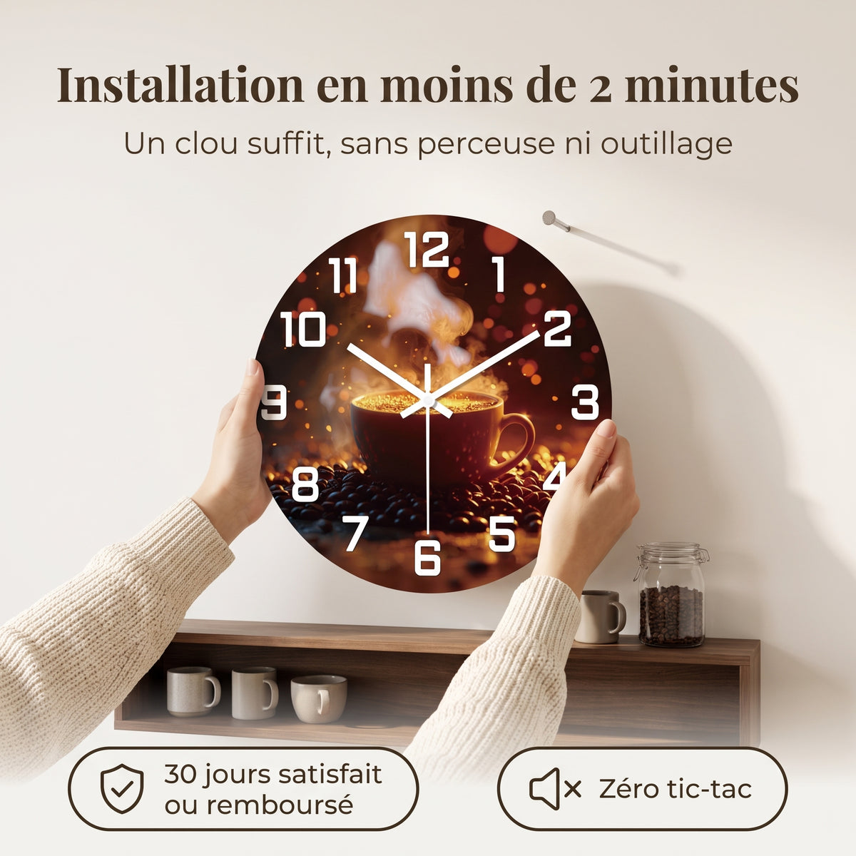 Horloge Murale Originale Tasse de Café Fumante en MDF, Silencieuse et Décorative – Cafeora