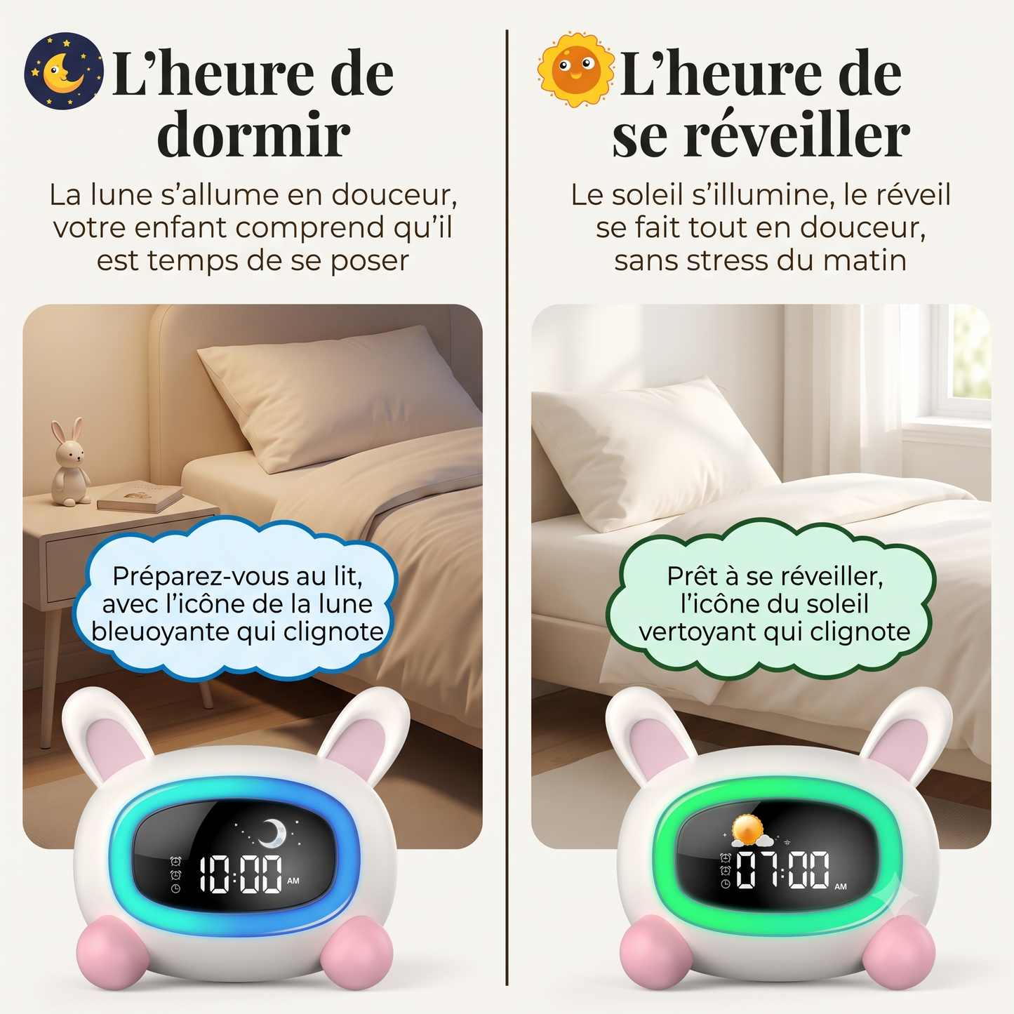 Réveil Enfant avec Entraînement au Sommeil, Sons Apaisants et 5 Motifs – Câlino
