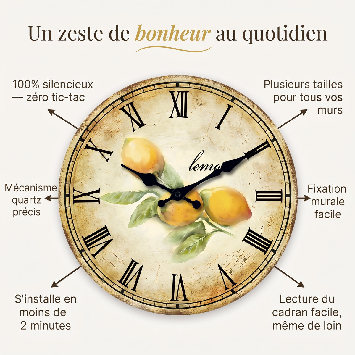 Horloge Murale en Bois Silencieuse, Motif Citron Vintage – Limona