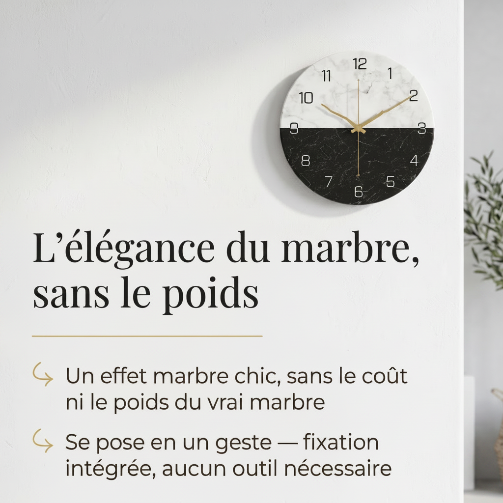 Horloge Murale Design Effet Marbre, Chic, Intemporelle et Facile à Installer – Marmora