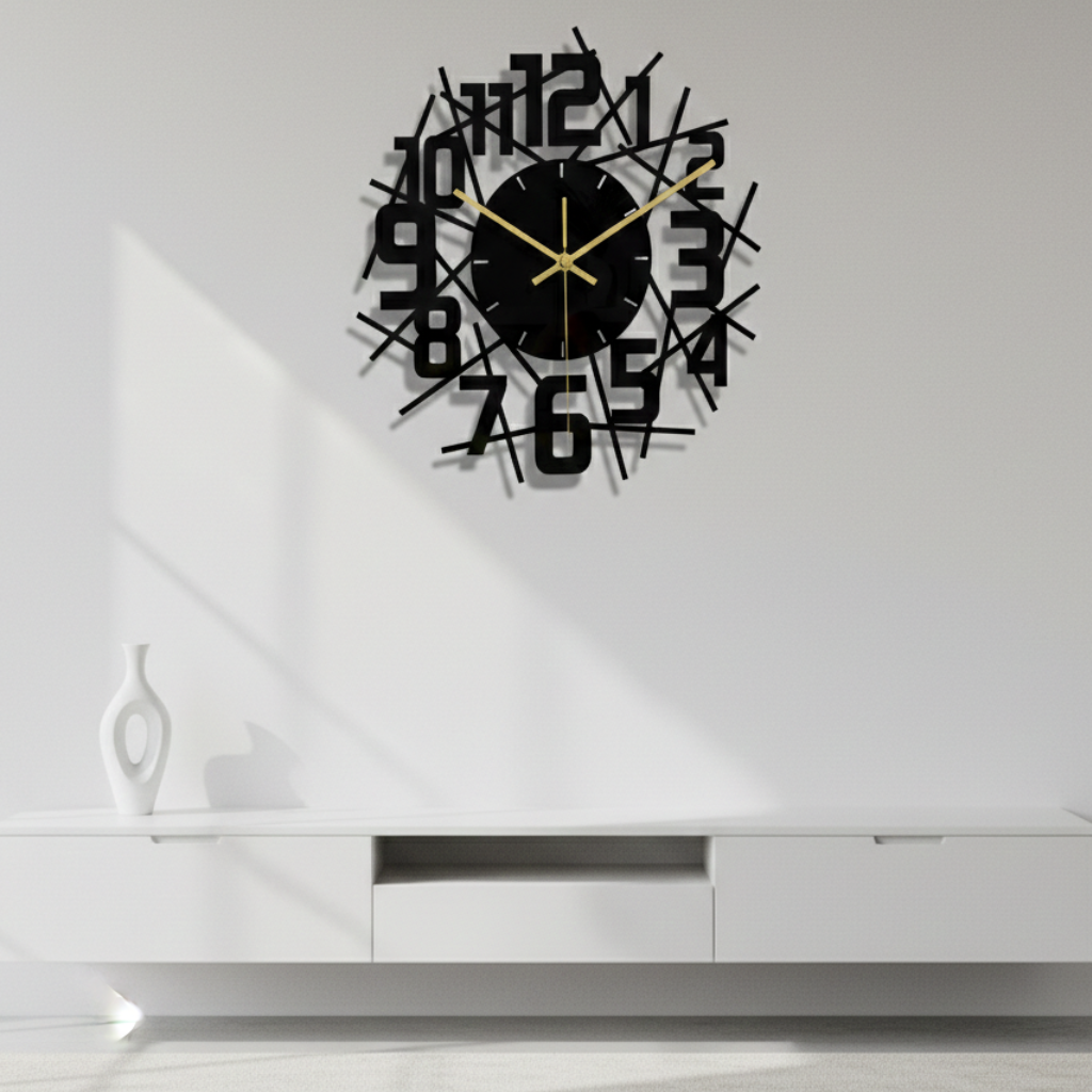 Horloge murale design moderne en acrylique noir, silencieuse et décorative – Noreza