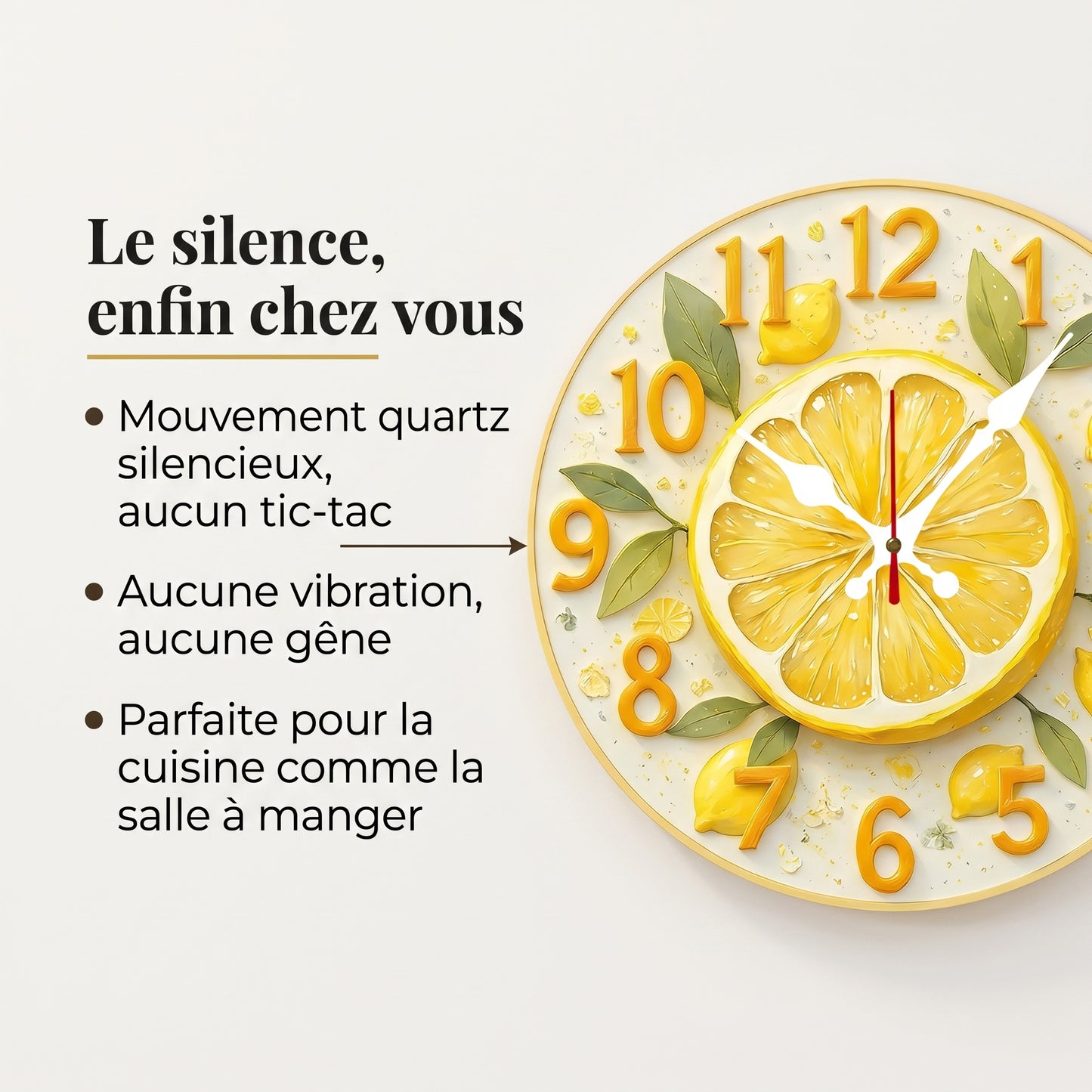 Horloge Murale Originale Motif Citron et Orange en Bois, Silencieuse et Décorative – Citrina