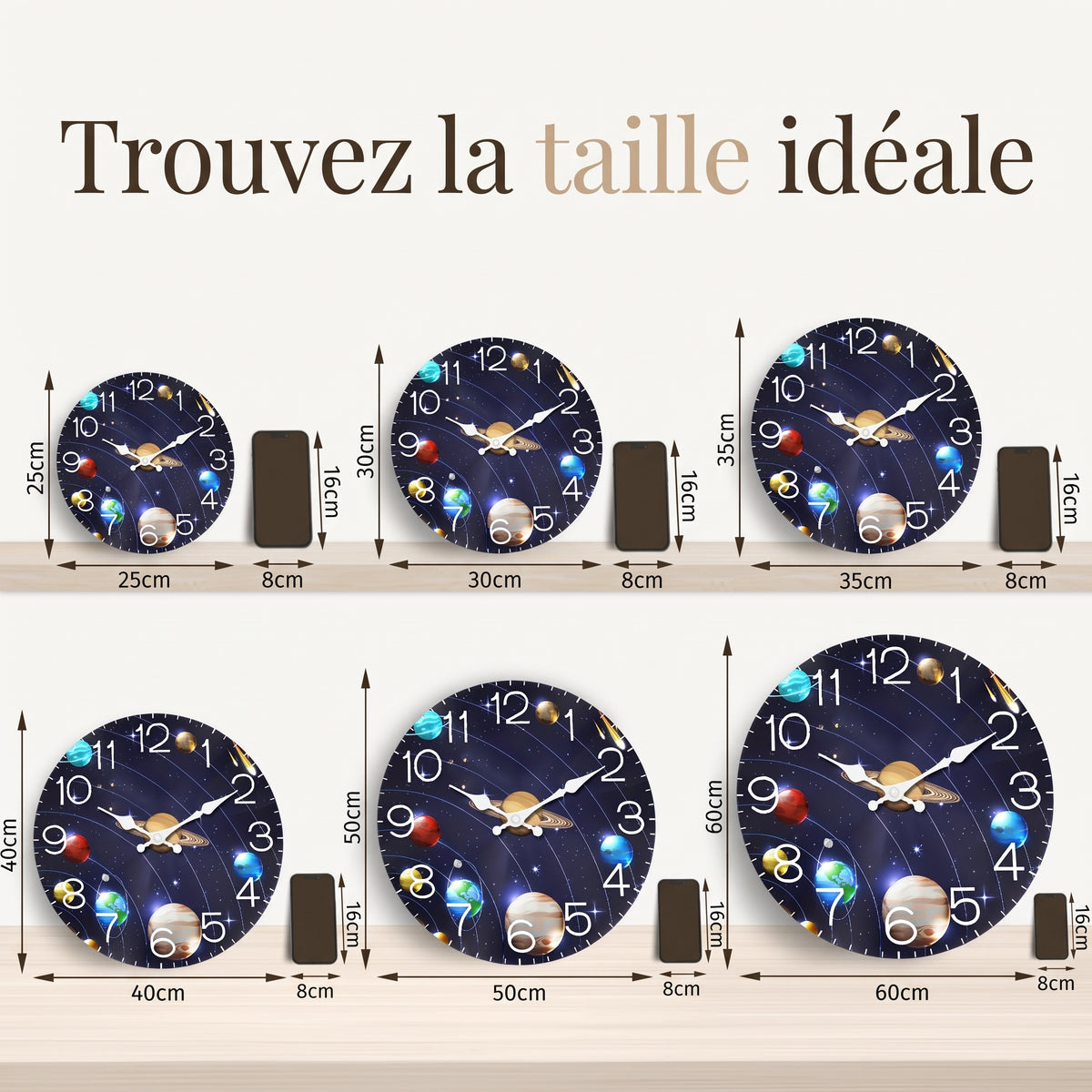 Horloge Murale en Bois Univers et Planètes, Silencieuse et Décorative – Orbéa