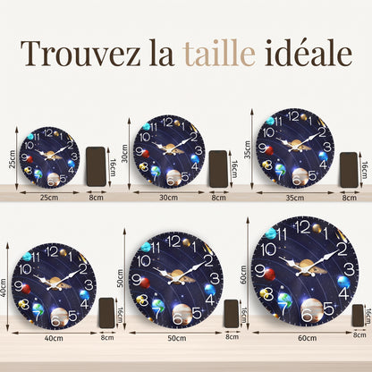 Horloge Murale en Bois Univers et Planètes, Silencieuse et Décorative – Orbéa