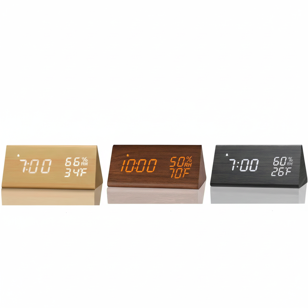 Horloge Numérique LED en Bois avec Réveil, Température & Charge USB – Luminis