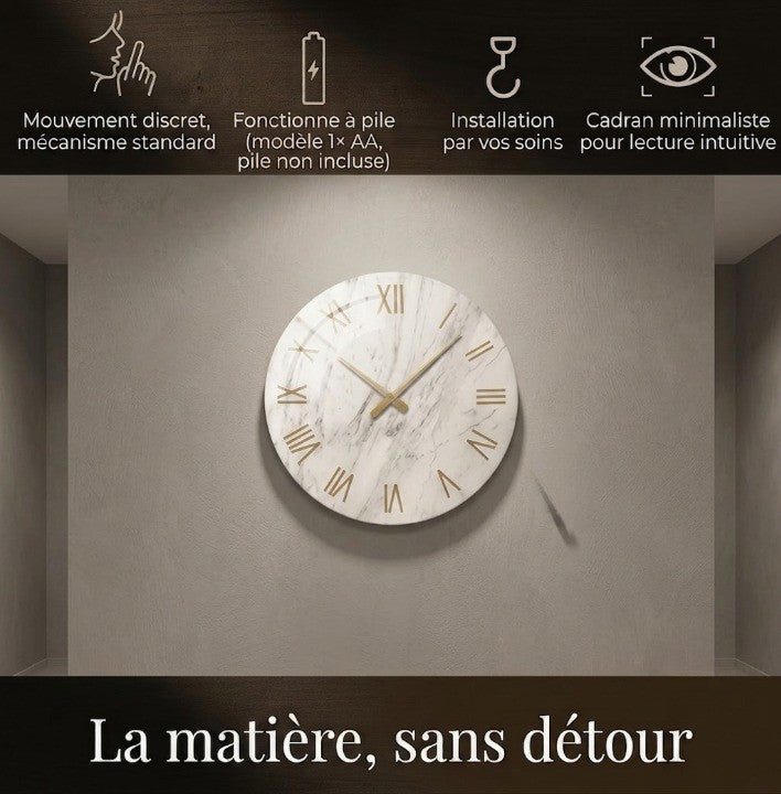 Horloge Murale Design Verre Trempé Effet Marbre, Chiffres Romains Dorés et Silencieuse – Marbreo