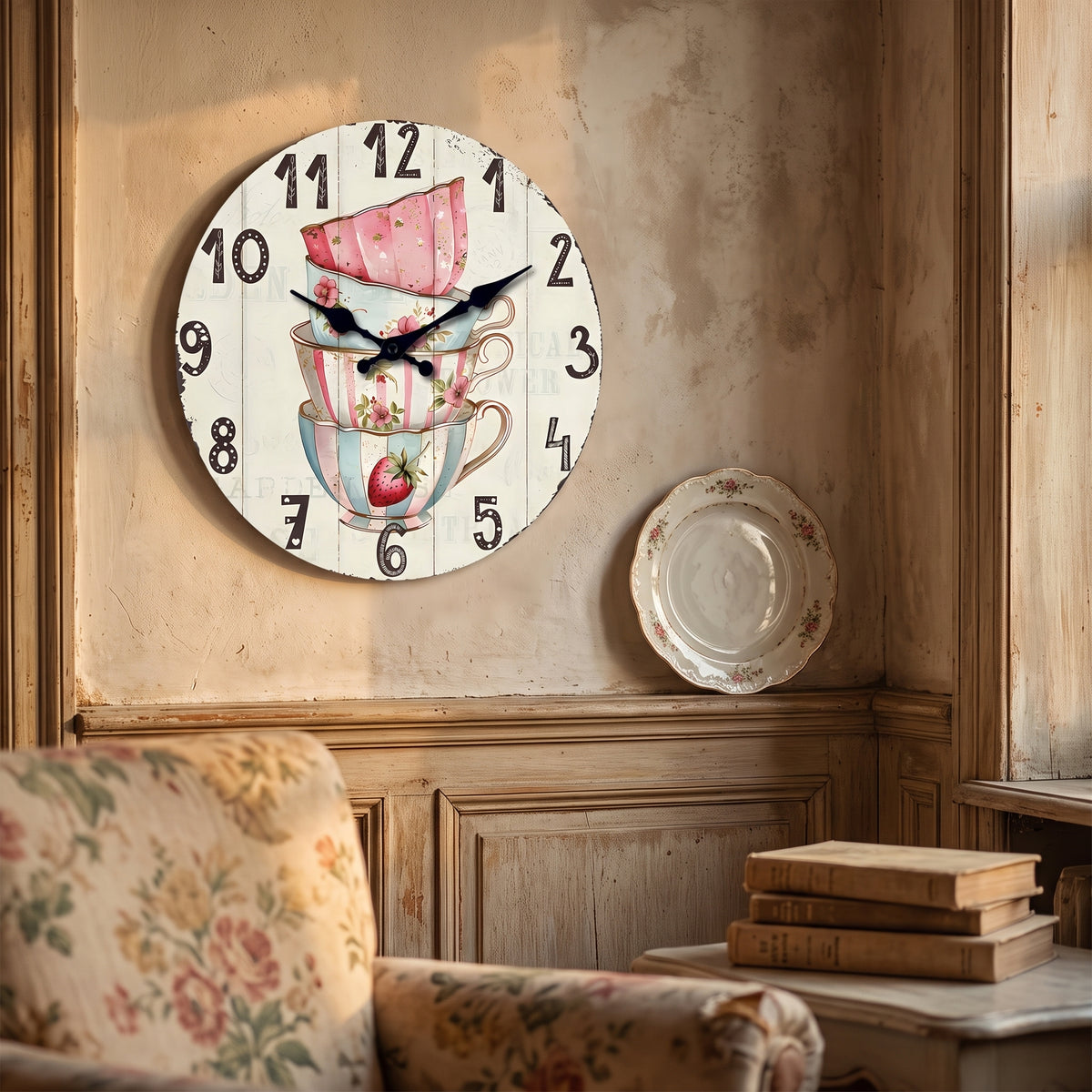 Horloge Murale Vintage Motif Tasse à Thé Fleurie, Silencieuse – Théodine
