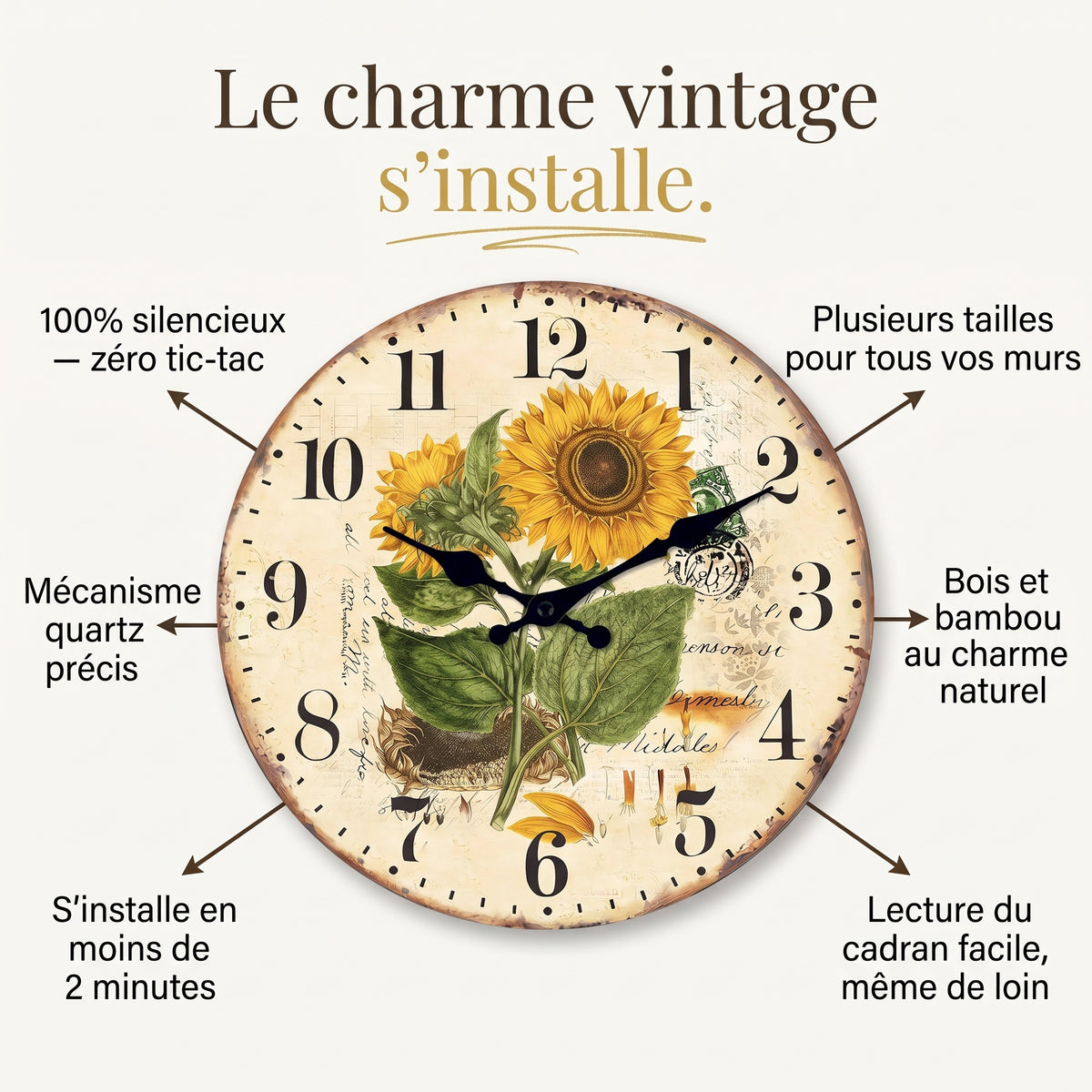 Horloge Murale en Bois, Silencieuse, Motif Tournesols – Héliantha