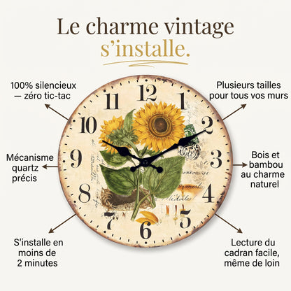 Horloge Murale en Bois, Silencieuse, Motif Tournesols – Héliantha
