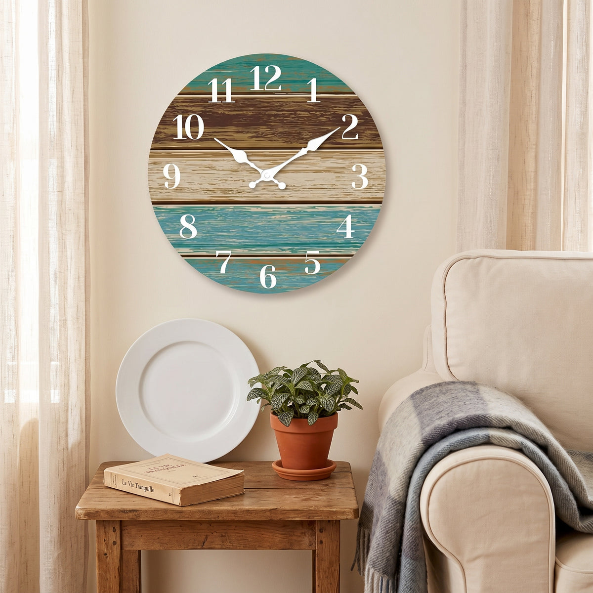 Horloge Murale Originale Silencieuse en Bois, Thème Bord de Mer Bleu et Brun – Côtelia