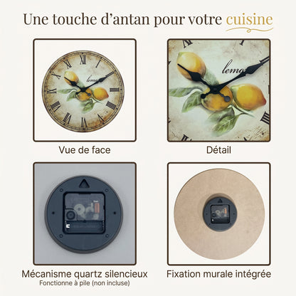 Horloge Murale en Bois Silencieuse, Motif Citron Vintage – Limona