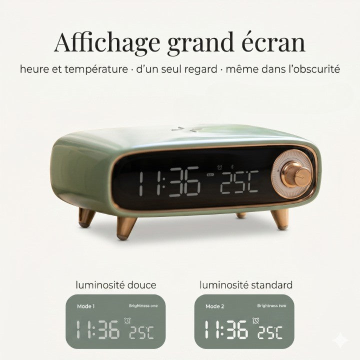 Horloge Numérique 6 en 1 avec Enceinte Bluetooth 5.0, Chargeur Sans Fil 15W et Veilleuse – Lumisono
