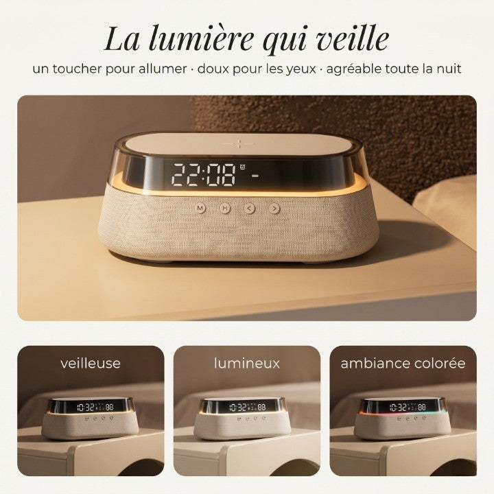 Horloge Numérique 6 en 1 avec Enceinte Bluetooth, Chargeur Sans Fil 15W et Veilleuse RGB – Sonova