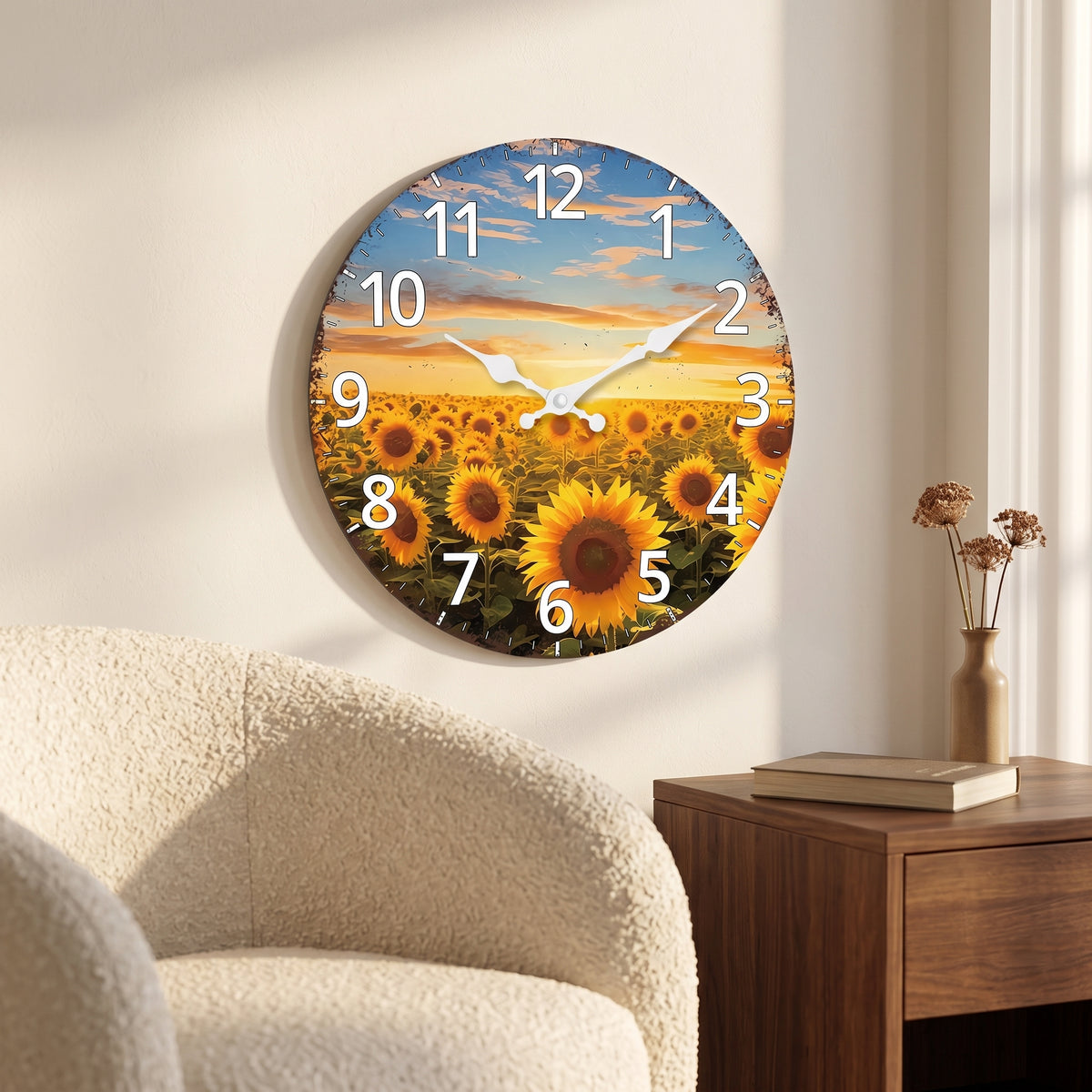 Horloge Murale Originale Jardin de Tournesols en Bois, Silencieuse et Décorative – Tournesia