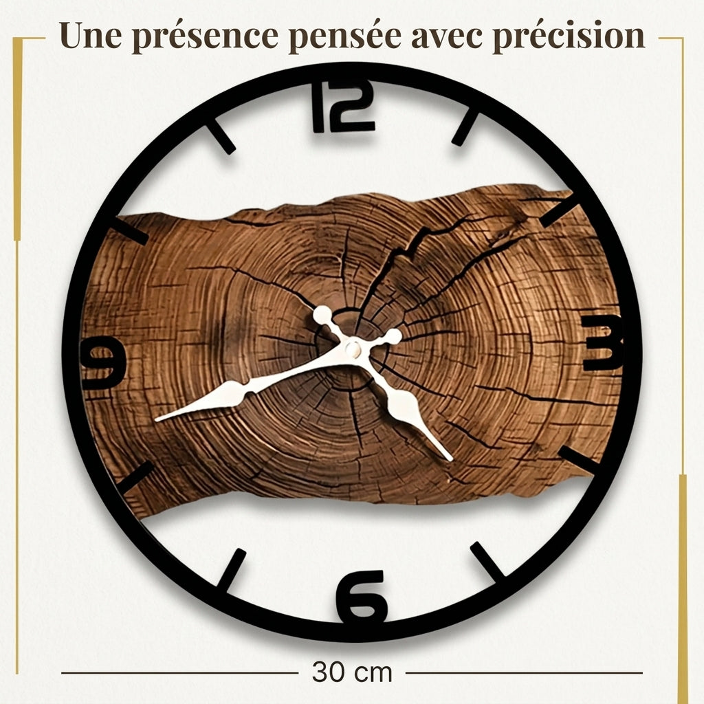 Horloge Murale en Bois Motif Cernes, Silencieuse et Rustique – Cernova