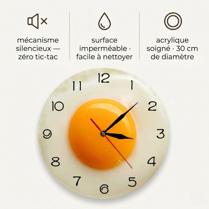 Horloge Murale Design Œuf sur le Plat en Acrylique, Silencieuse et Originale – Ovéa