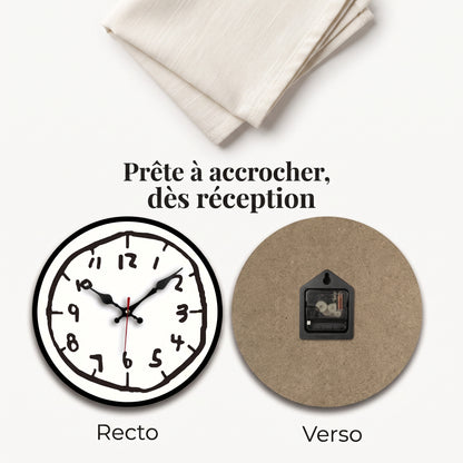 Horloge Murale Originale Effet Croquis Dessiné Main, Silencieuse et Bois – Griffonia