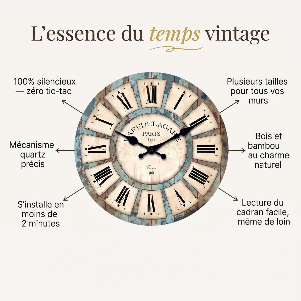 Horloge Murale Vintage en Bois à Motif Grain Naturel, Silencieuse et Décorative – Rustan