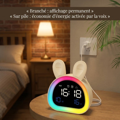 Réveil Enfant Veilleuse Multicolore avec Contrôle Vocal et Calendrier – Lumina
