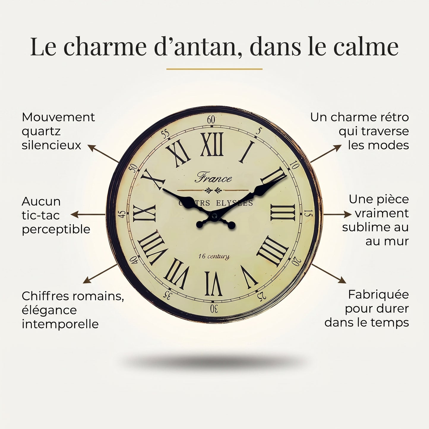 Horloge Murale Vintage Motif Français XVIe Siècle, Effet Bois et Silencieuse – Fontenoy