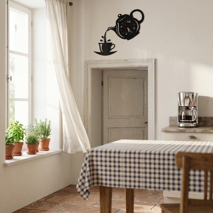 Horloge Murale Design Théière 3D en Acrylique Miroir, Originale et Décorative pour Cuisine ou Salon – Théova
