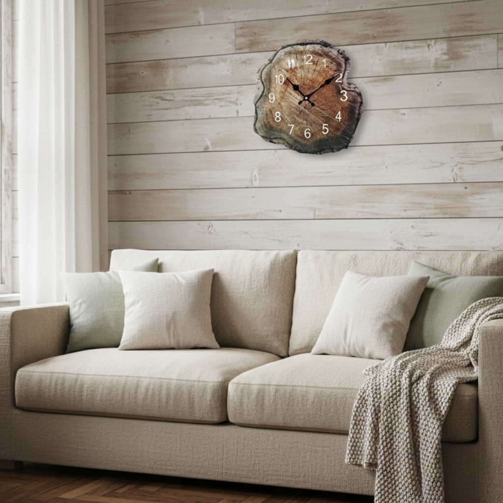 Horloge murale en bois au motif cernes naturels, lisible et décorative – Annua