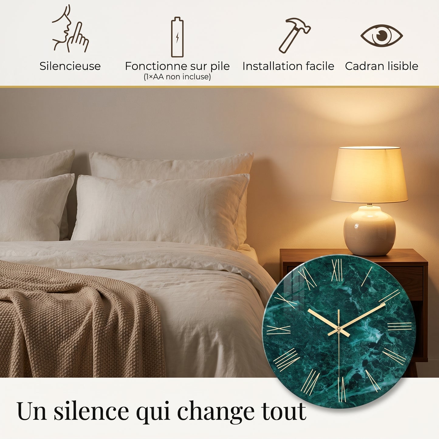 Horloge Murale Design Effet Marbre Vert Foncé en Verre Trempé, Silencieuse et Élégante – Marbréa