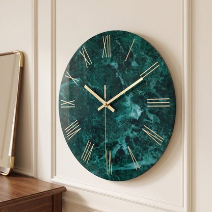 Horloge Murale Design Effet Marbre Vert Foncé en Verre Trempé, Silencieuse et Élégante – Marbréa
