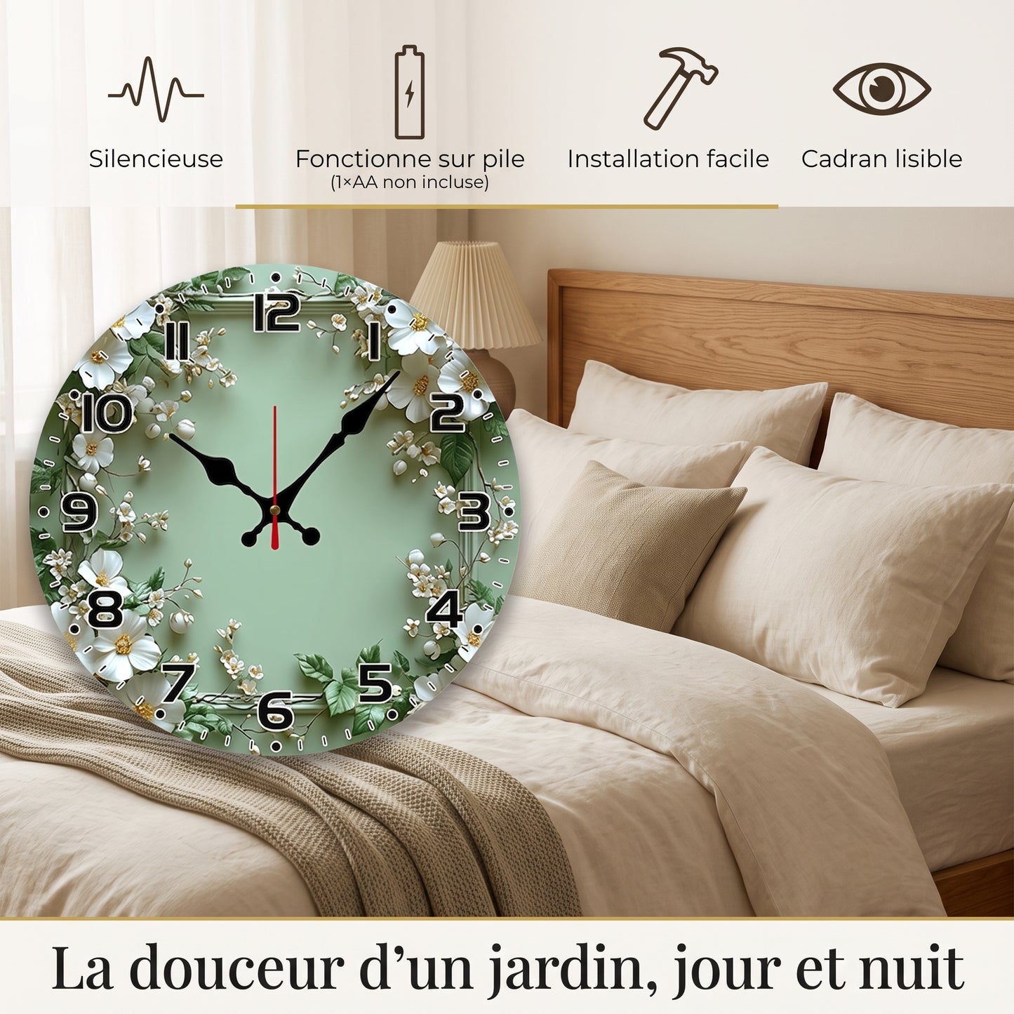Horloge Murale Design Motif Couronne Florale, Silencieuse et Romantique – Verdana