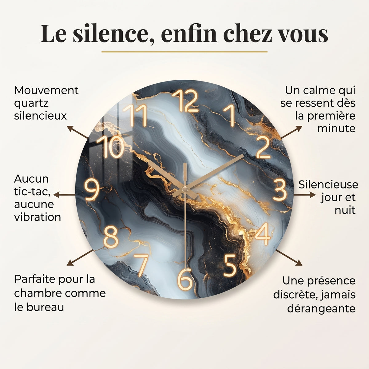 Horloge Murale en Bois Effet Marbre Bleu et Or, Silencieuse et Élégante – Auralis