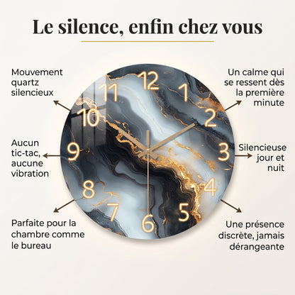 Horloge Murale en Bois Effet Marbre Bleu et Or, Silencieuse et Élégante – Auralis