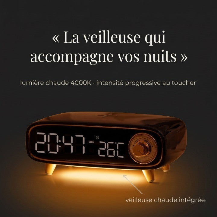 Horloge Numérique 6 en 1 avec Enceinte Bluetooth 5.0, Chargeur Sans Fil 15W et Veilleuse – Lumisono