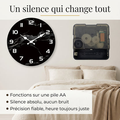 Horloge Murale Design en Bois Effet Marbre Noir, Silencieuse et Épurée – Onyxa