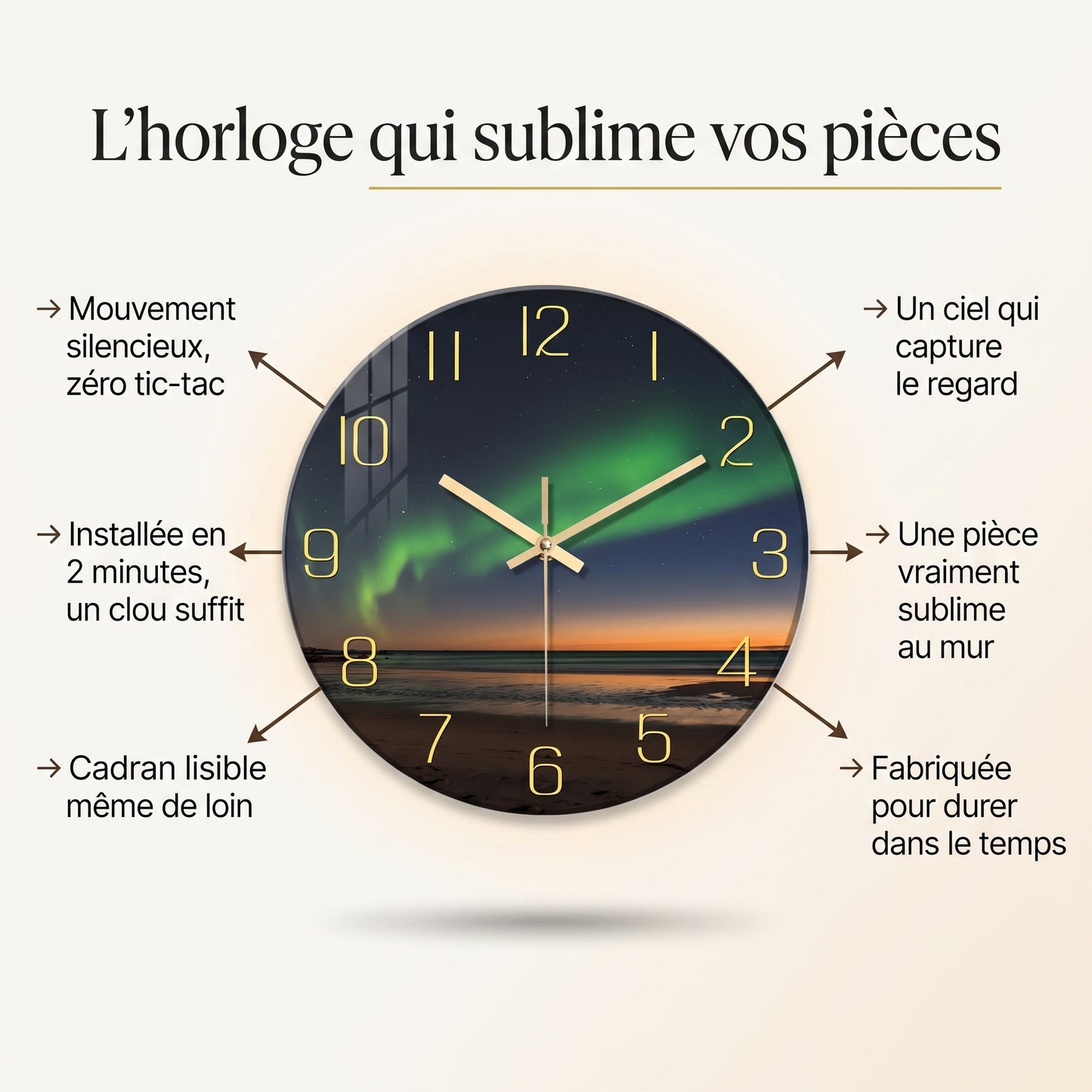 Horloge Murale Originale et Design en Verre Motif Plage et Aurore, Silencieuse et Panoramique – Boréa