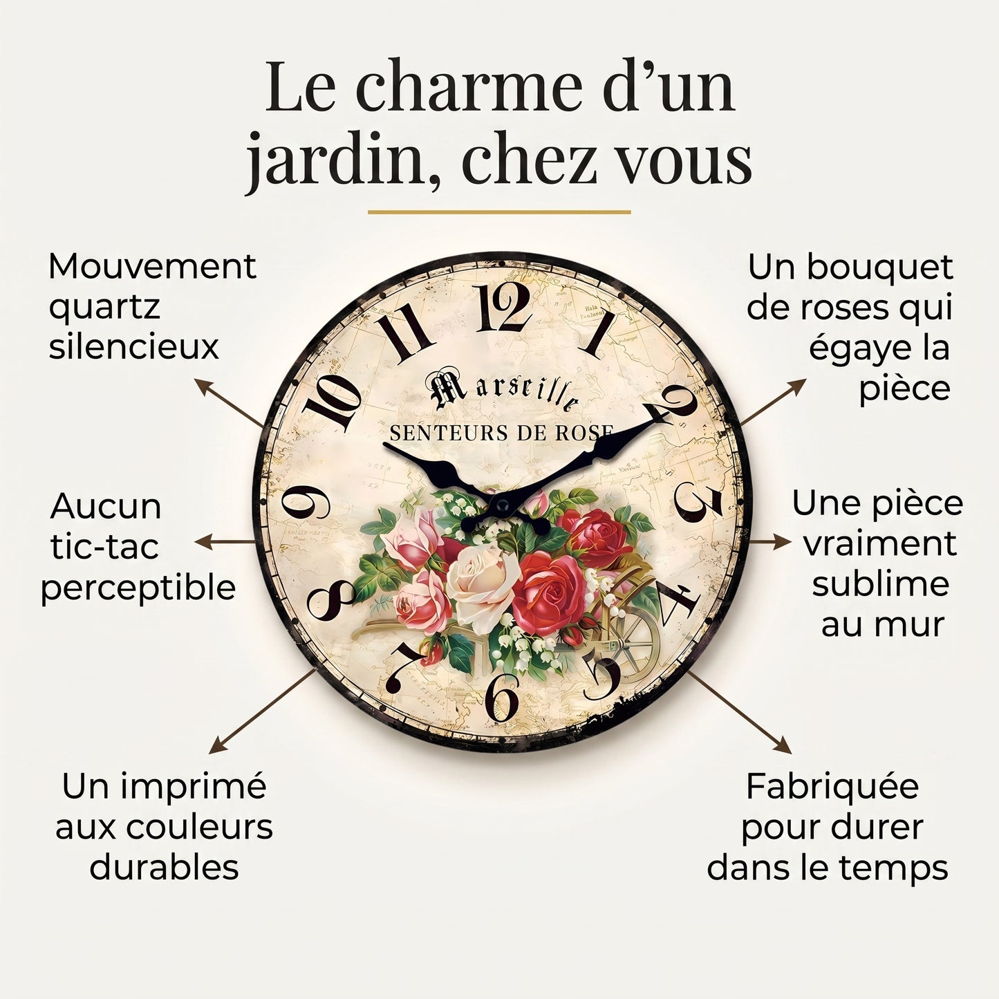 Horloge Murale Vintage Motif Rose en Bois et Bambou, Silencieuse et Romantique – Roséva